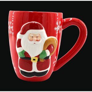 Santa Mug.  Adorable 3D Santa With His Bag.  Bright Red with White Snowflakes